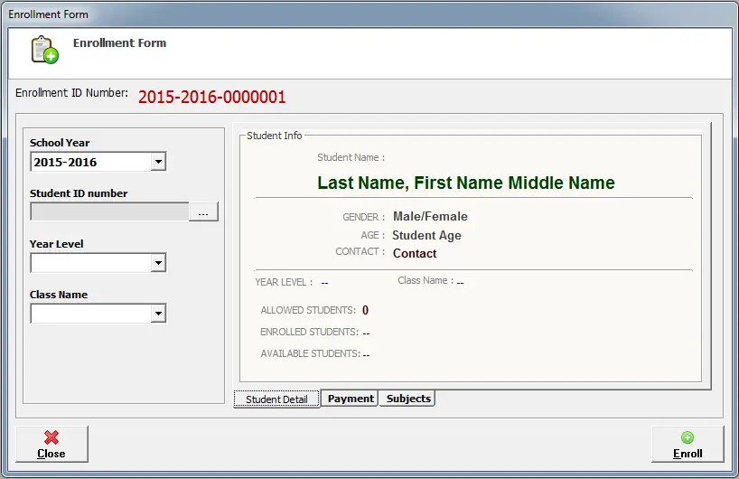 School Management System - Enrolment Module