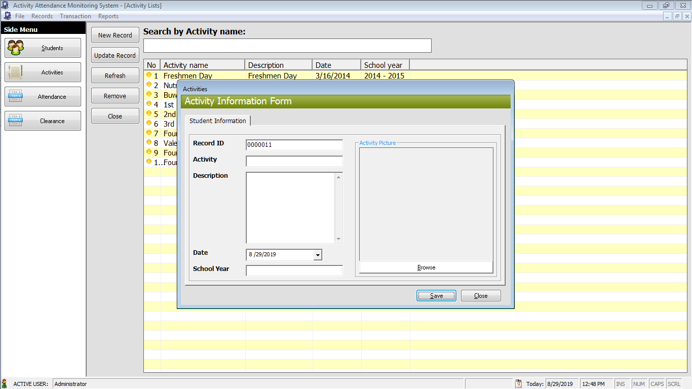 Activity Attendance System Activity Entry Form