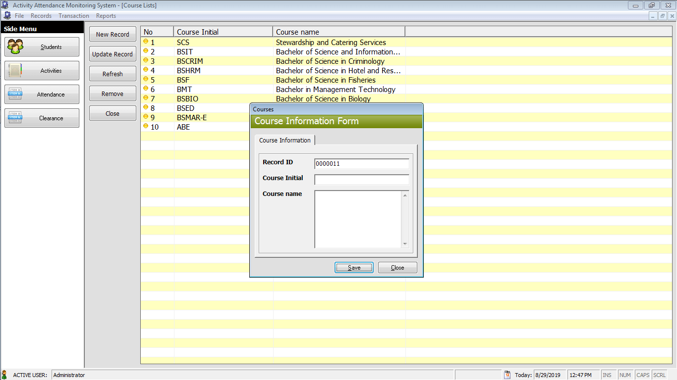 Activity Attendance System Course Entry Form