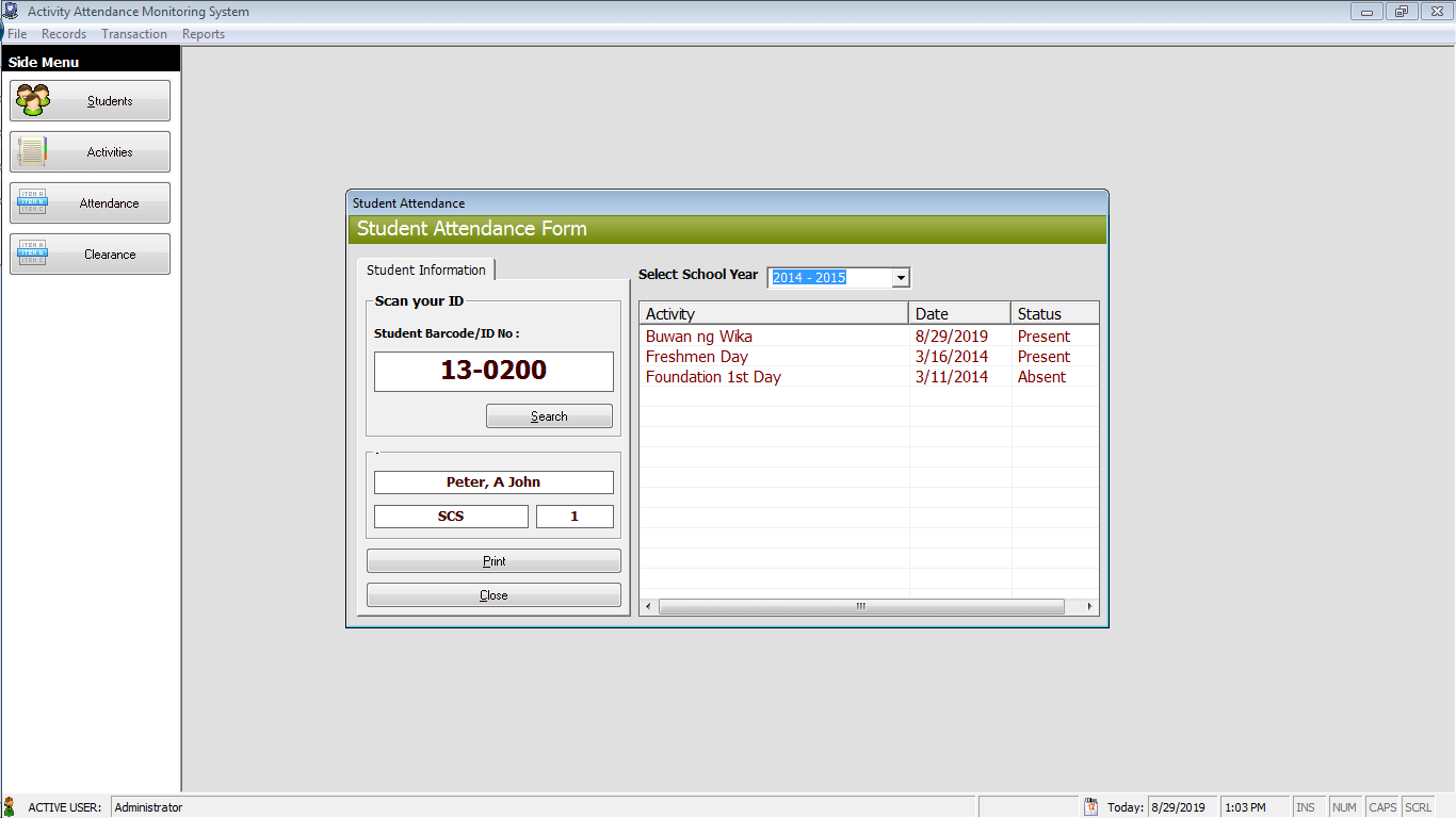 Activity Attendance System Student Attendance Form