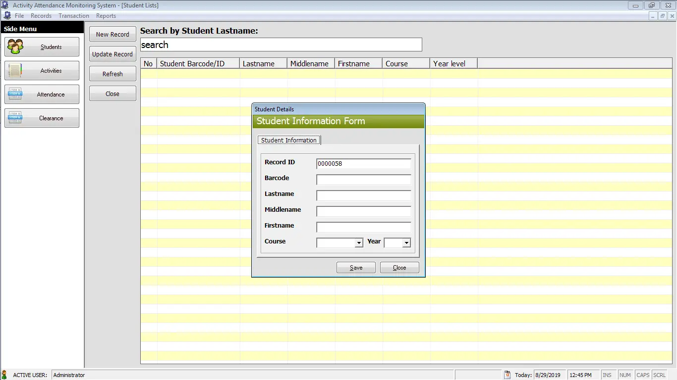 Activity Attendance System Student Entry Form