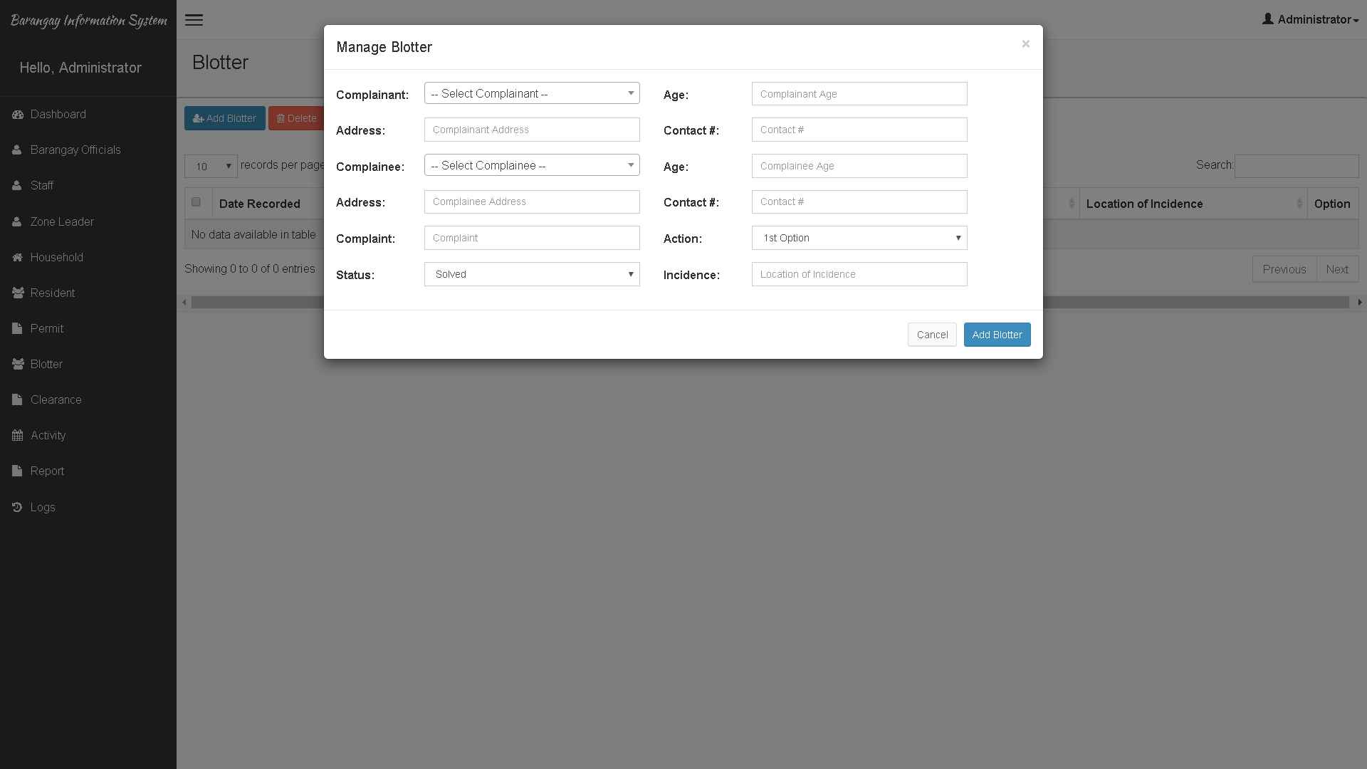 Barangay Information System Blotter Module