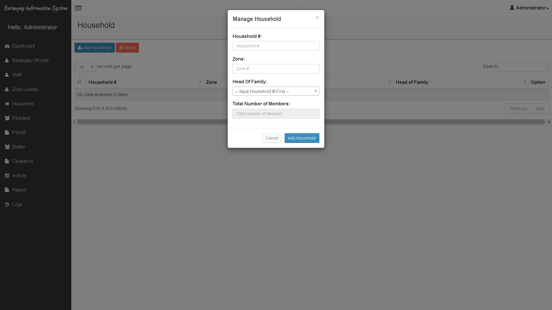Barangay Information System Household Module