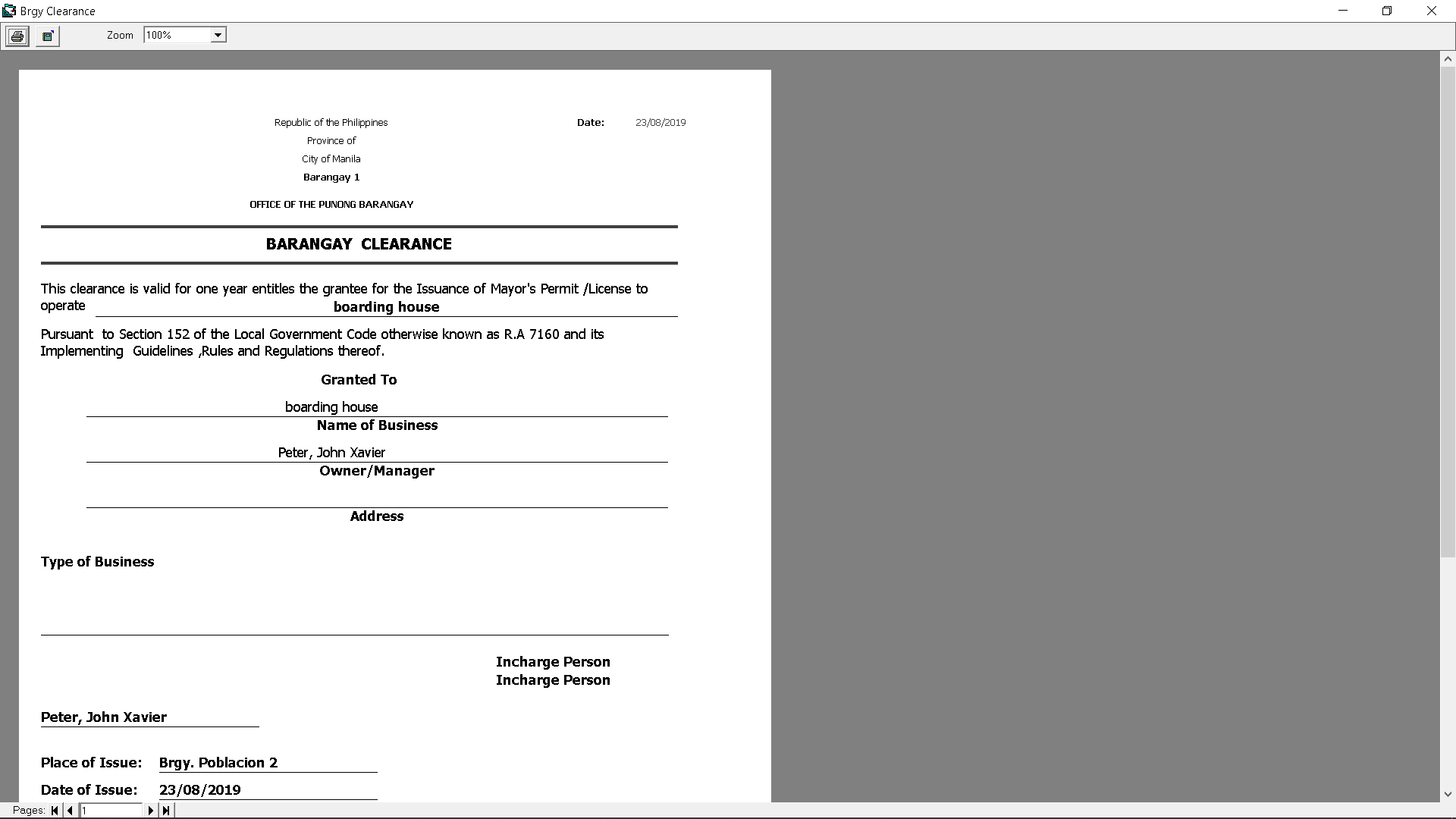 Barangay System Barangay Clearance Printable Format