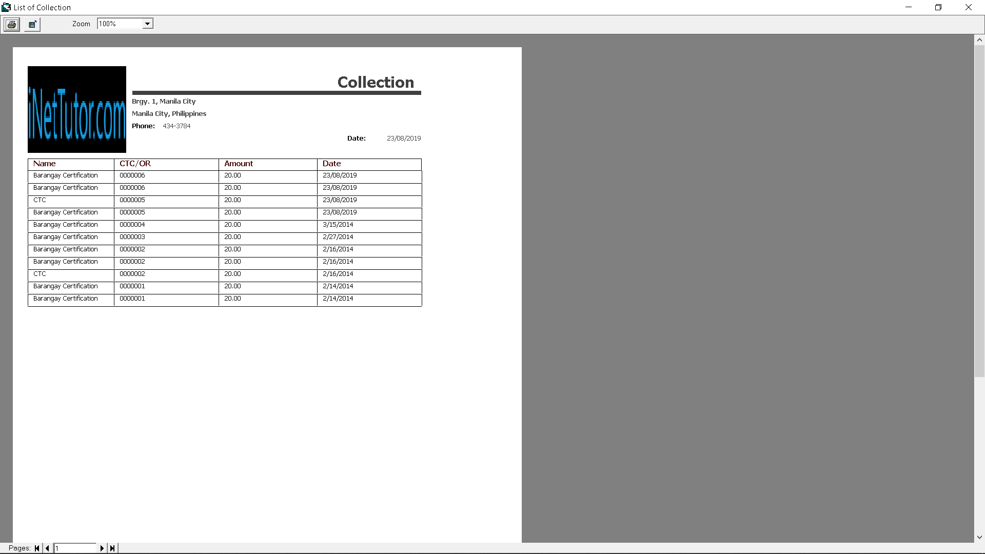 Barangay System Barangay Collection Report Printable Format