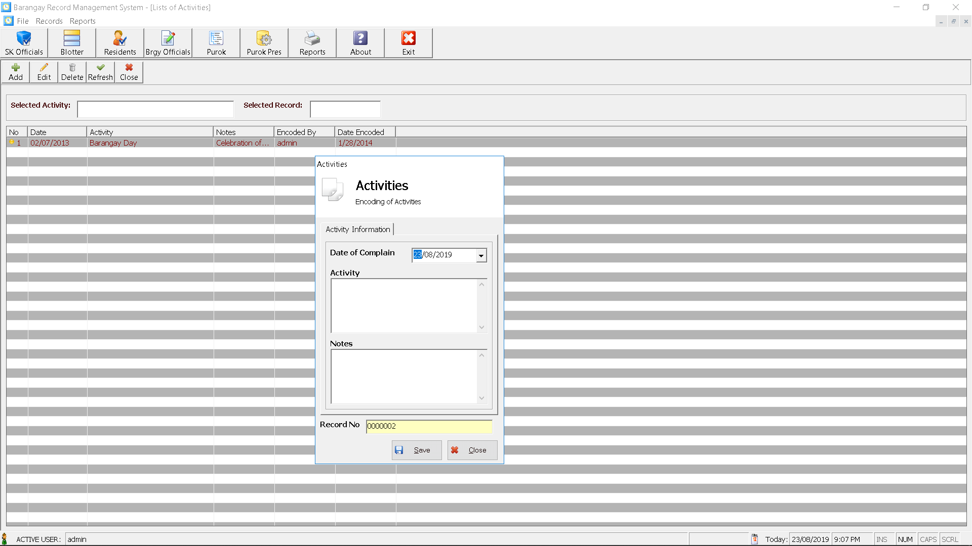 Barangay System Encoding Form for Barangay Activities