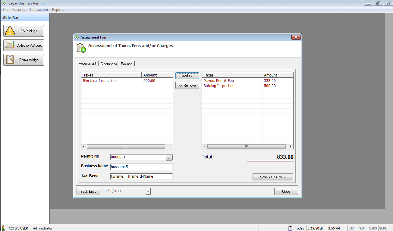 Business Permit System Assessment Transaction Form