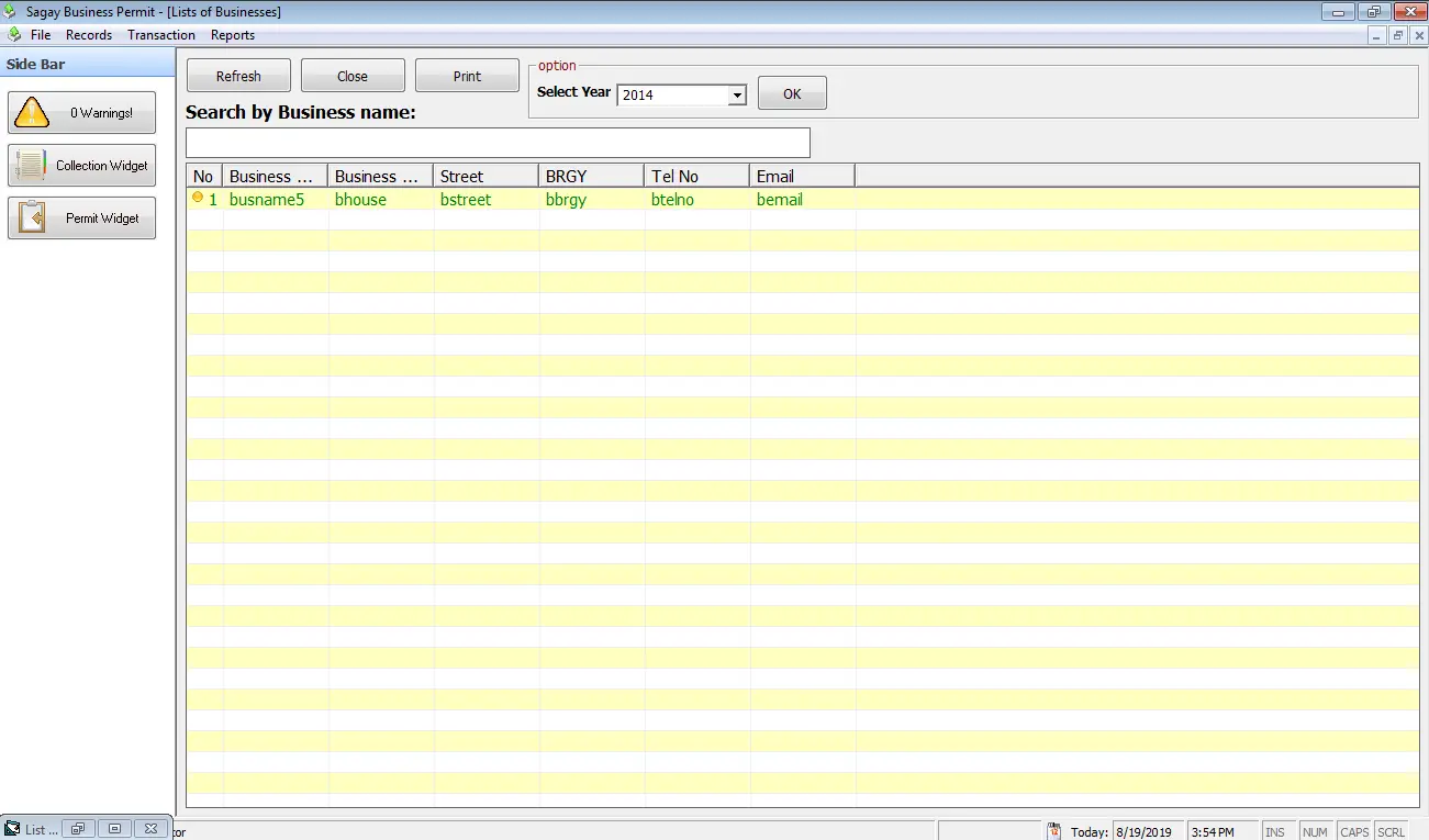 Business Permit System List of Businesses Form