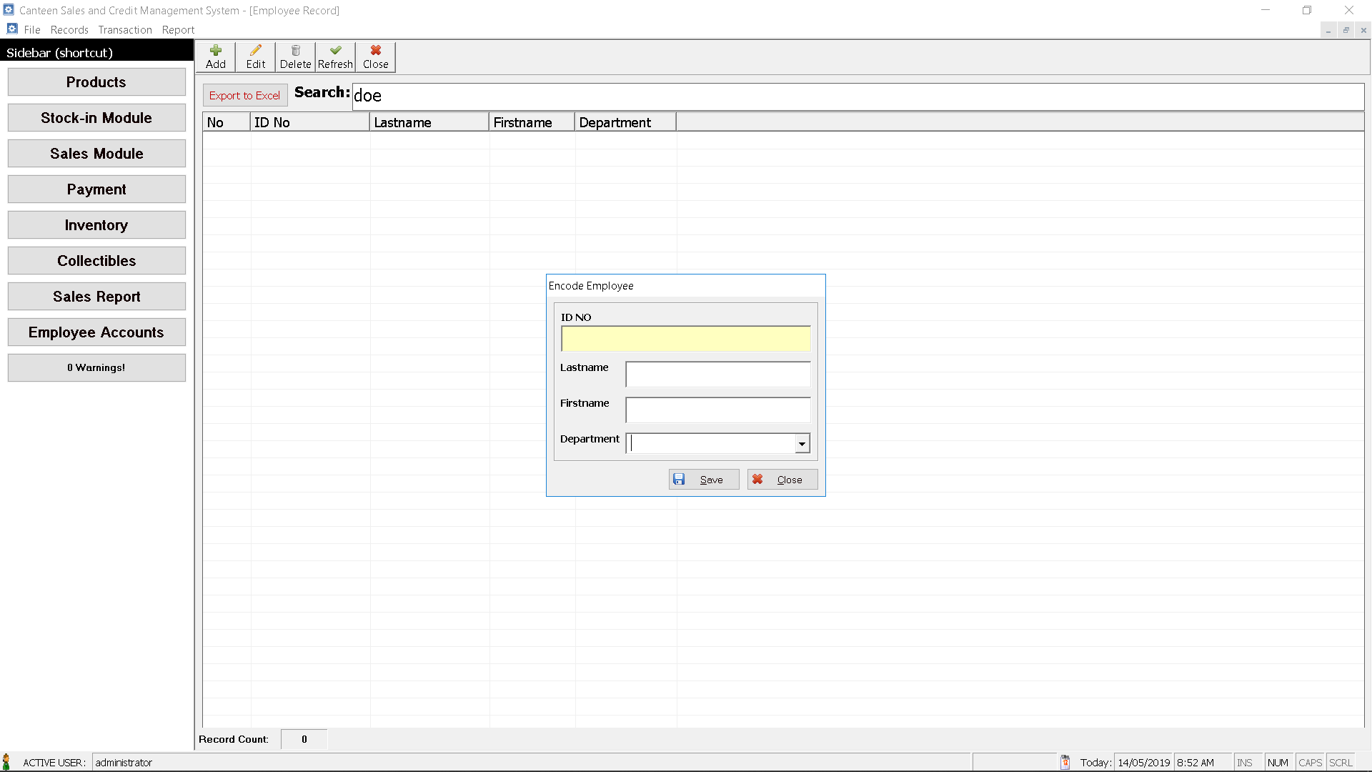 Canteen Management System Employee Record Module