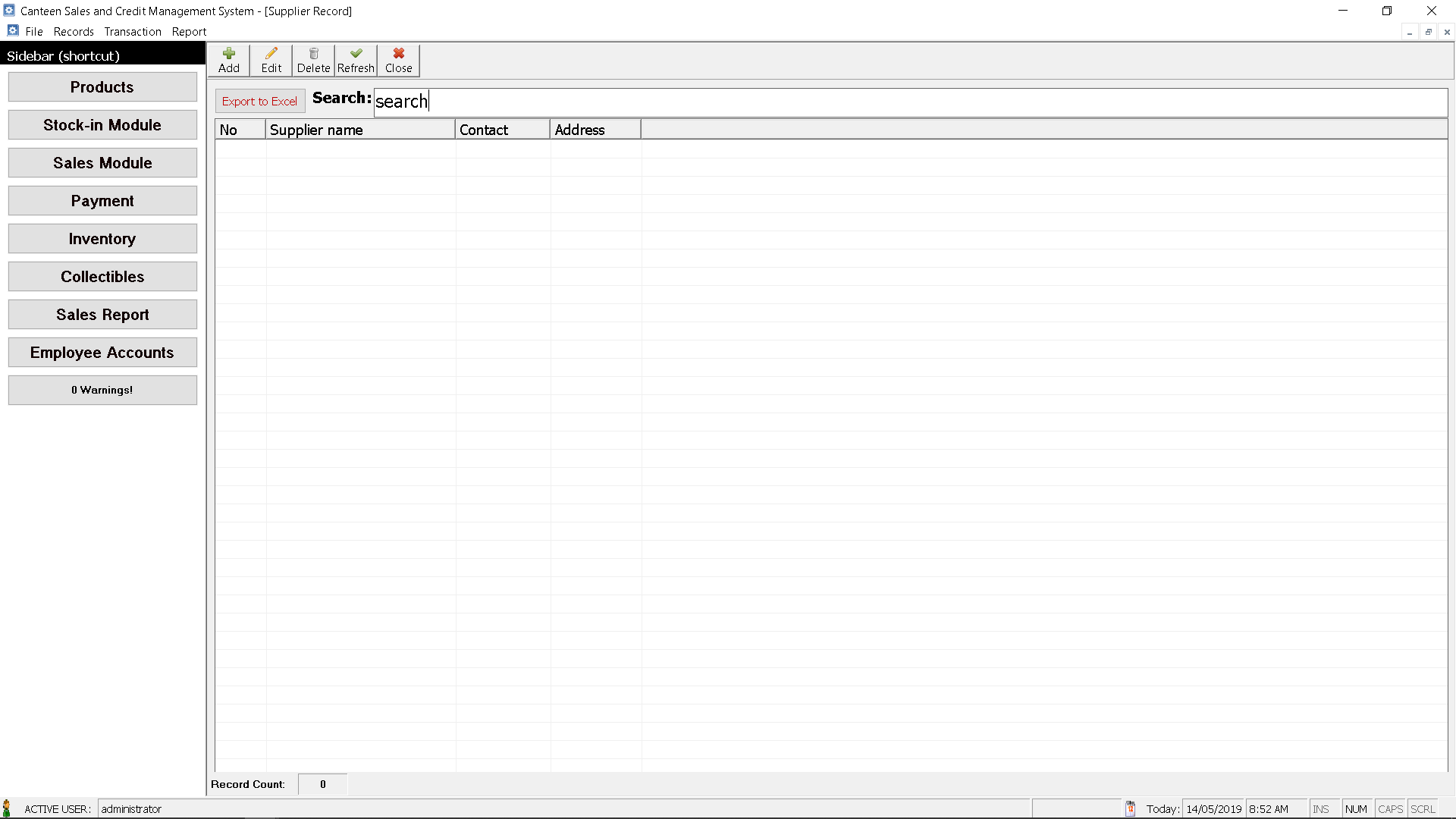 Canteen Management System Supplier Record Module