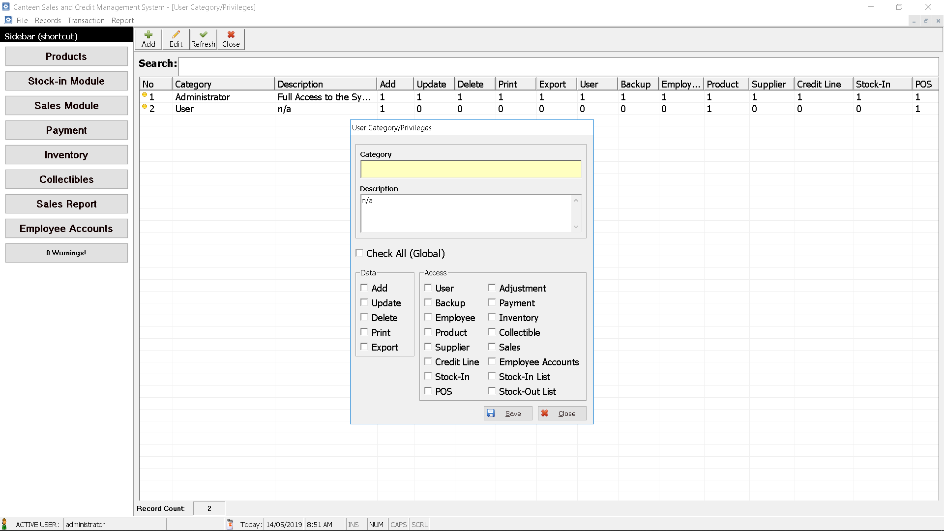 Canteen Management System User Privileges Module