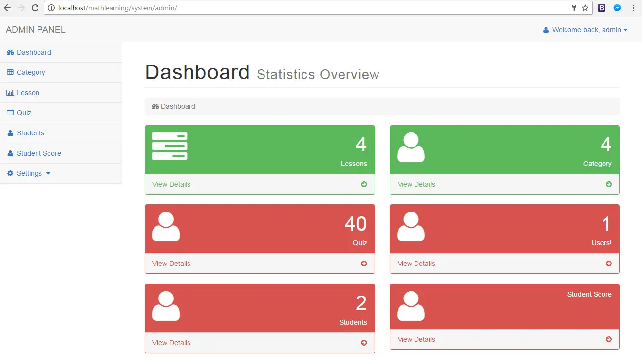 ELearning System for Math Dashboard Page