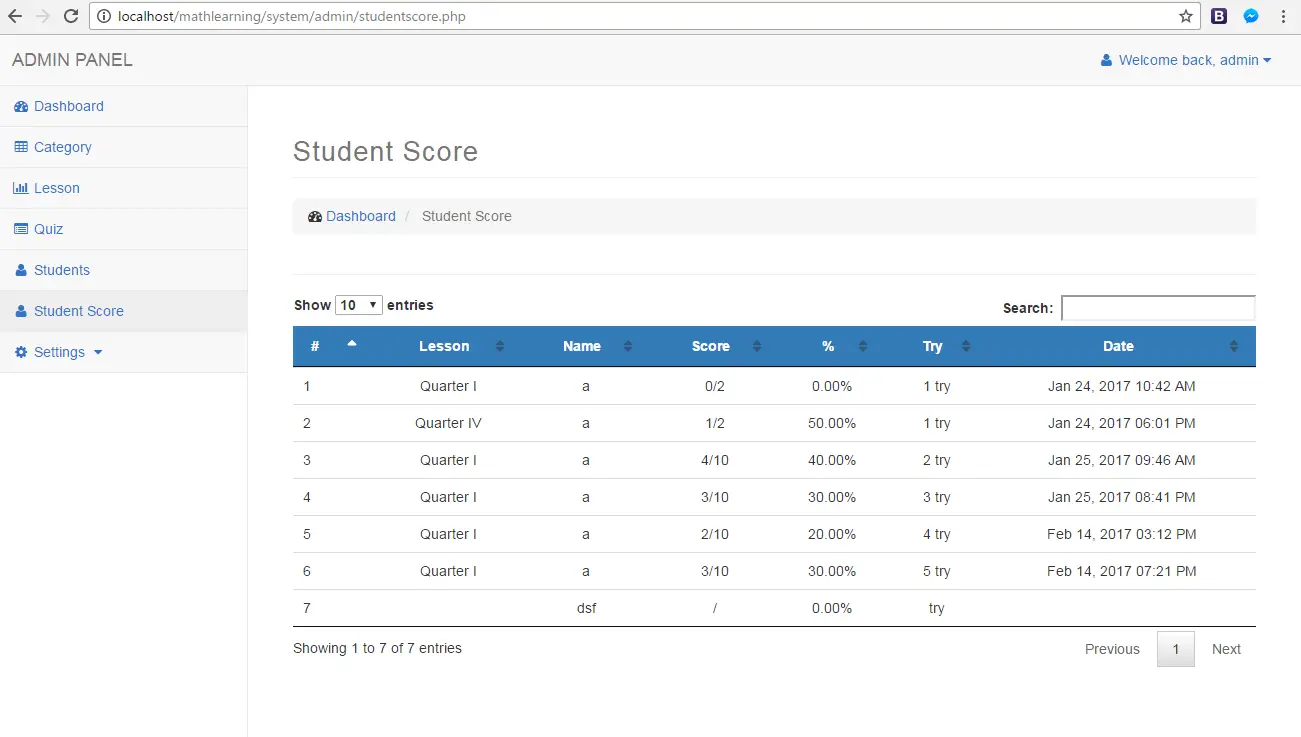 ELearning System for Math Student Score Archive Page