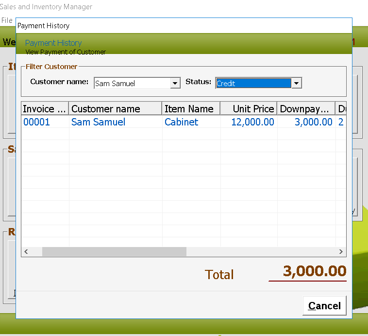 Furniture System Customer Payment History Module