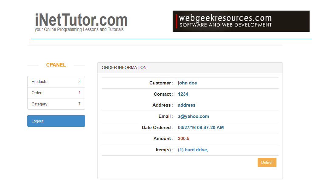 Online Store Application Customer Information and Order Details Module