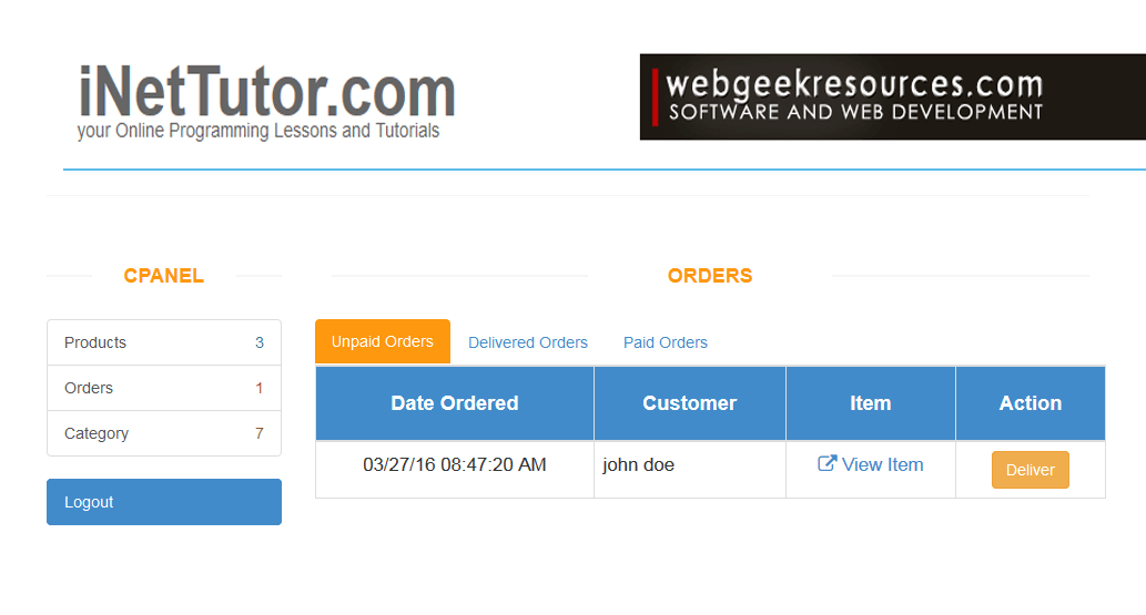Online Store Application List of Customer Orders Module