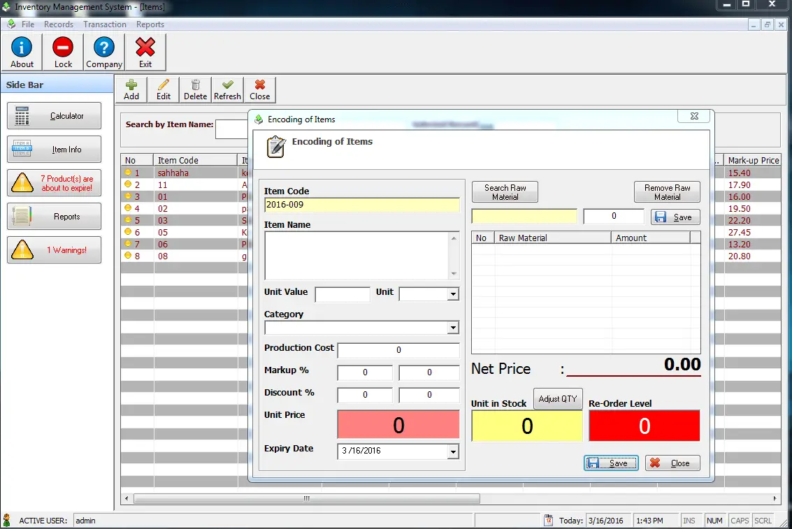 Point of Sale System Encoding of Products Module