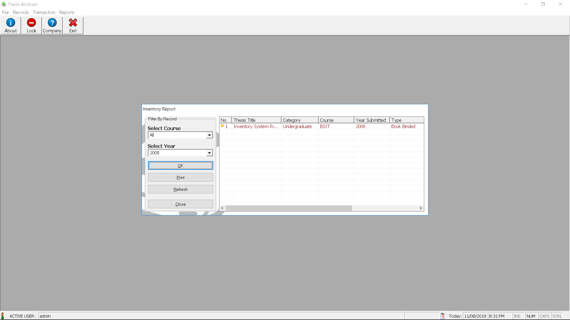 Thesis Archiving System Inventory Module