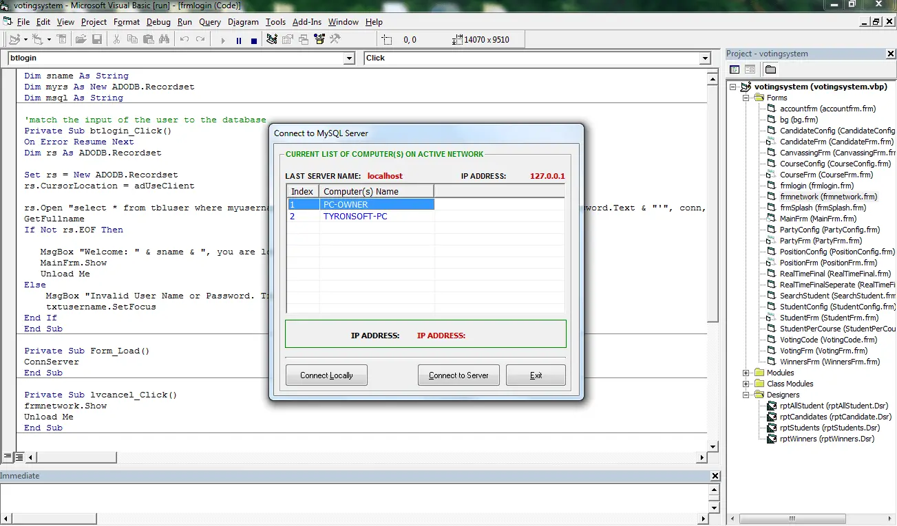 Voting System Database Server Connection