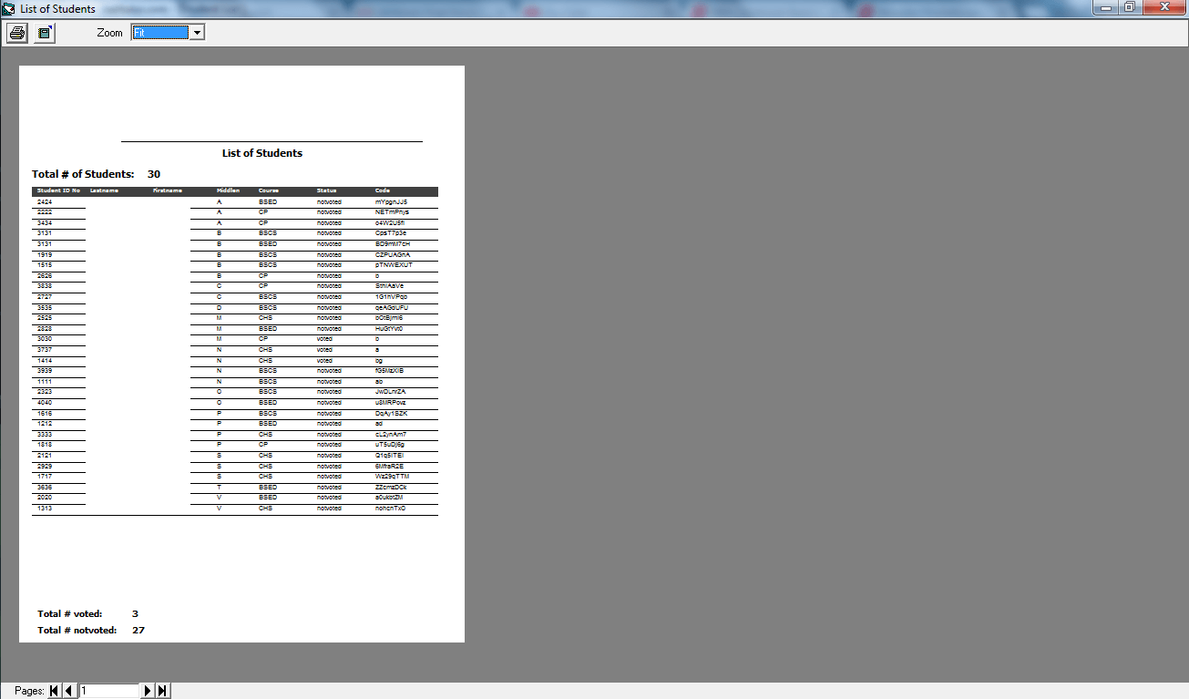 Voting System Student Masterlist Report