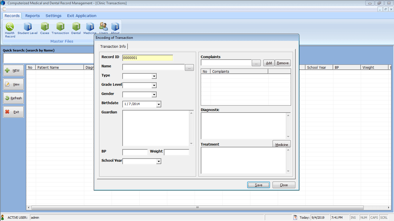 Medical and Dental Record System Consultation Encoding Form