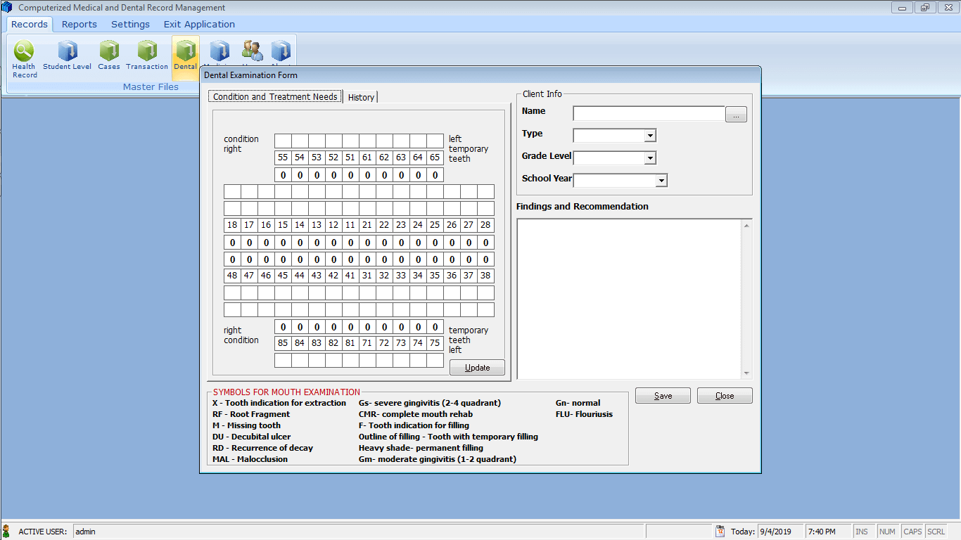 Medical and Dental Record System Dental Examination Form