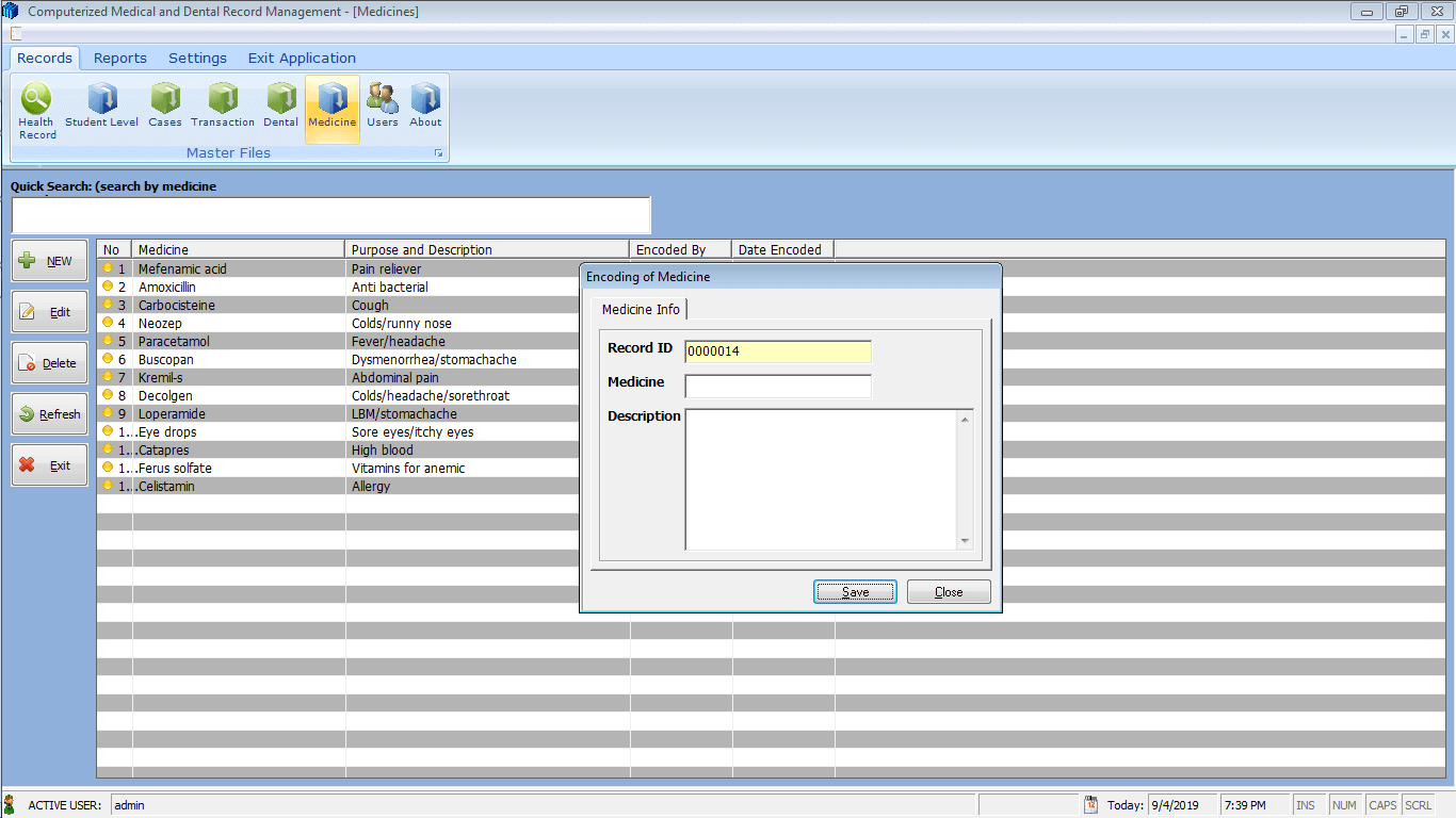 Medical and Dental Record System Medicine Information Encoding Form