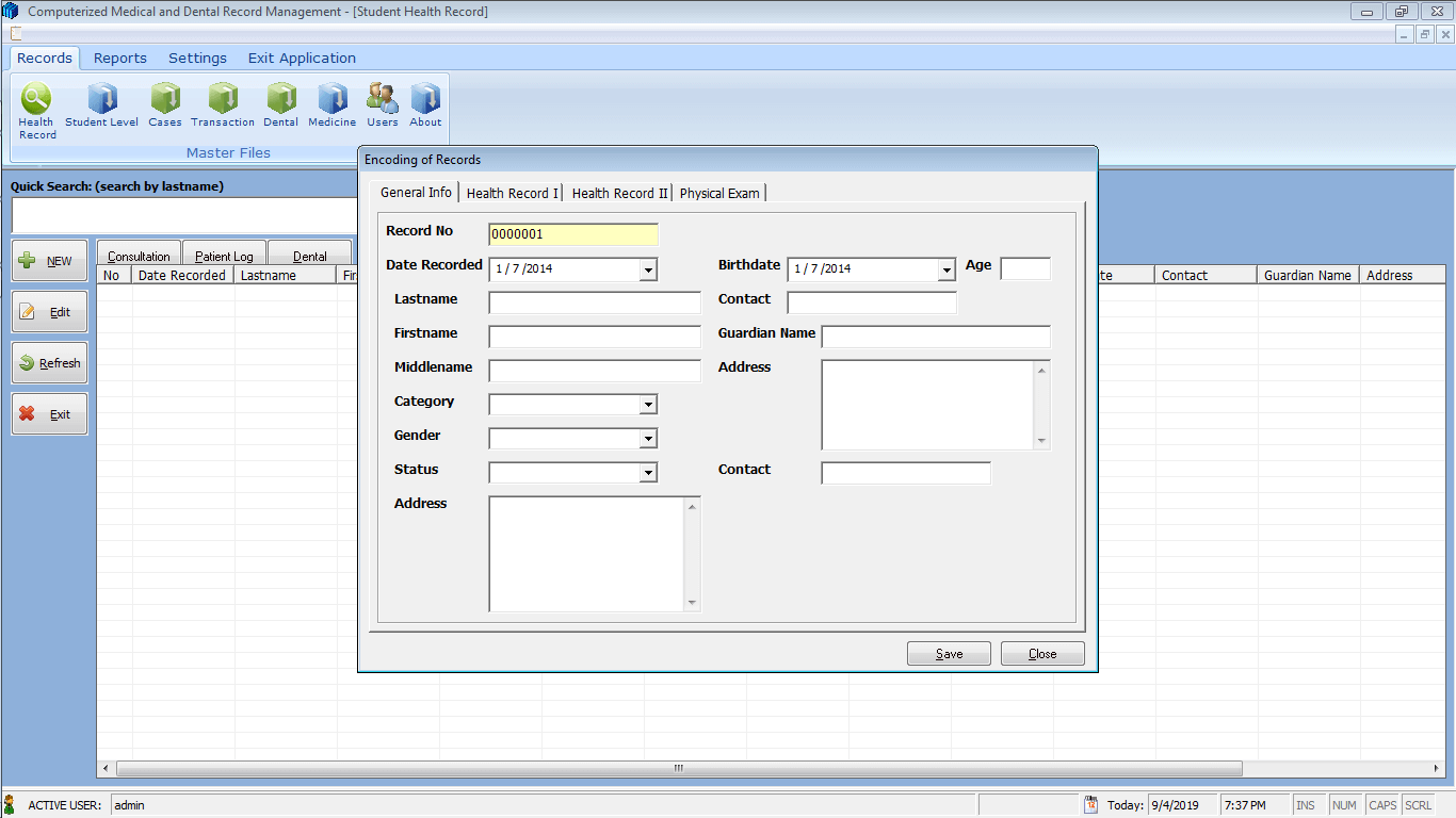 Medical and Dental Record System Patient Information Encoding Form