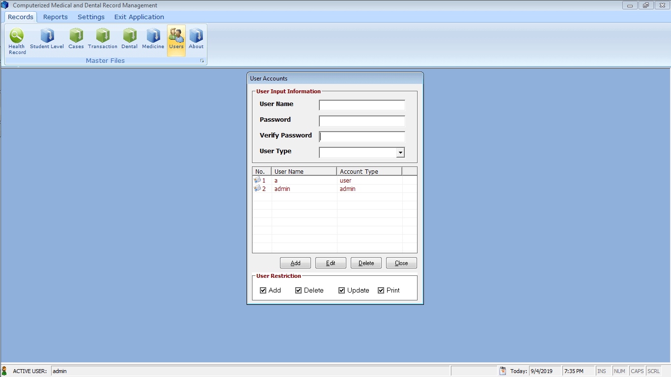 Medical and Dental Record System User Account Form