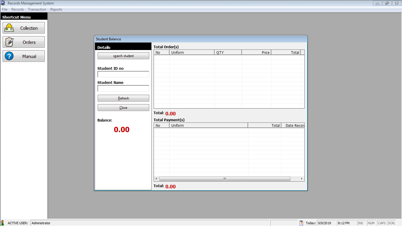 Records Management System Balance Detail Form