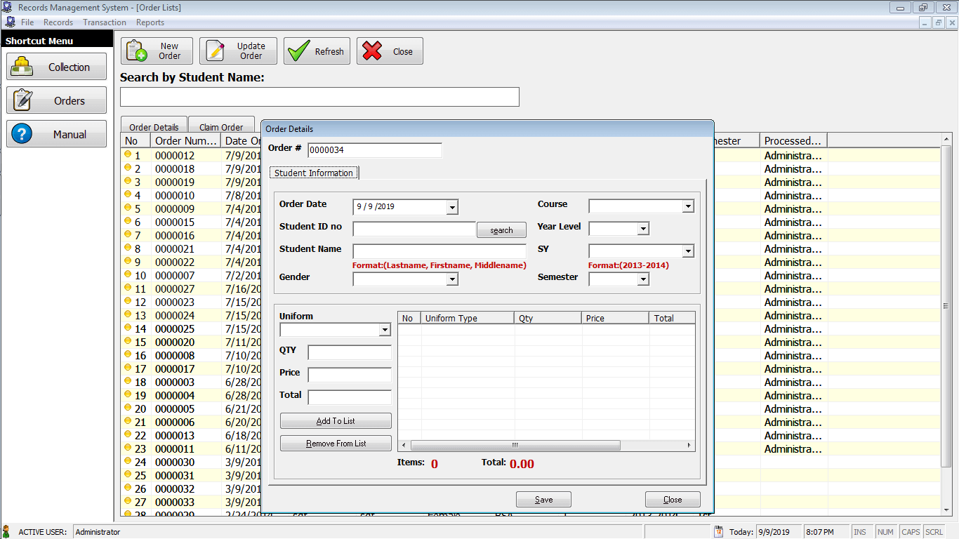 Records Management System Order Details Encoding Form