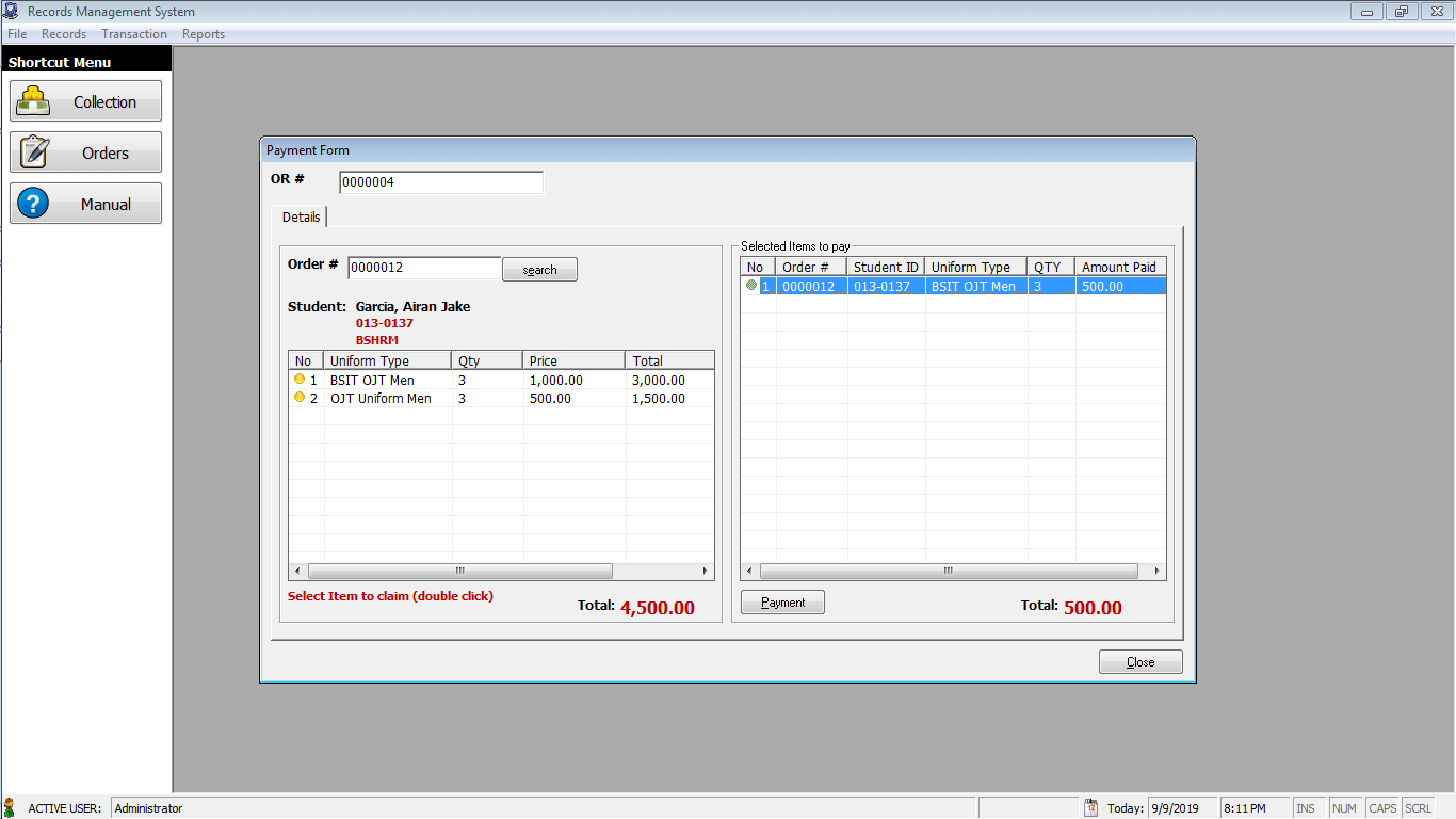 Records Management System Payment Form