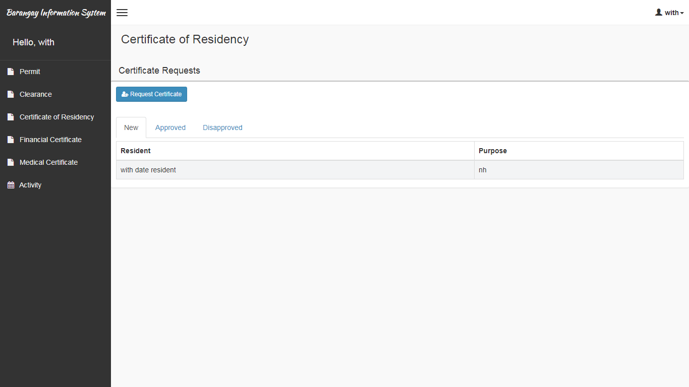 City Wide Barangay Management System Certificate Request Page