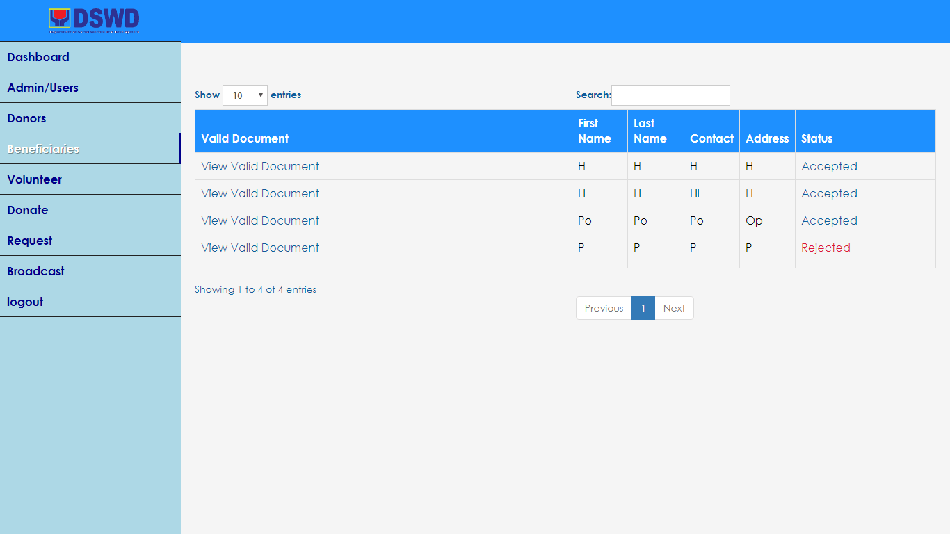 Donation Information System Beneficiary Management Page