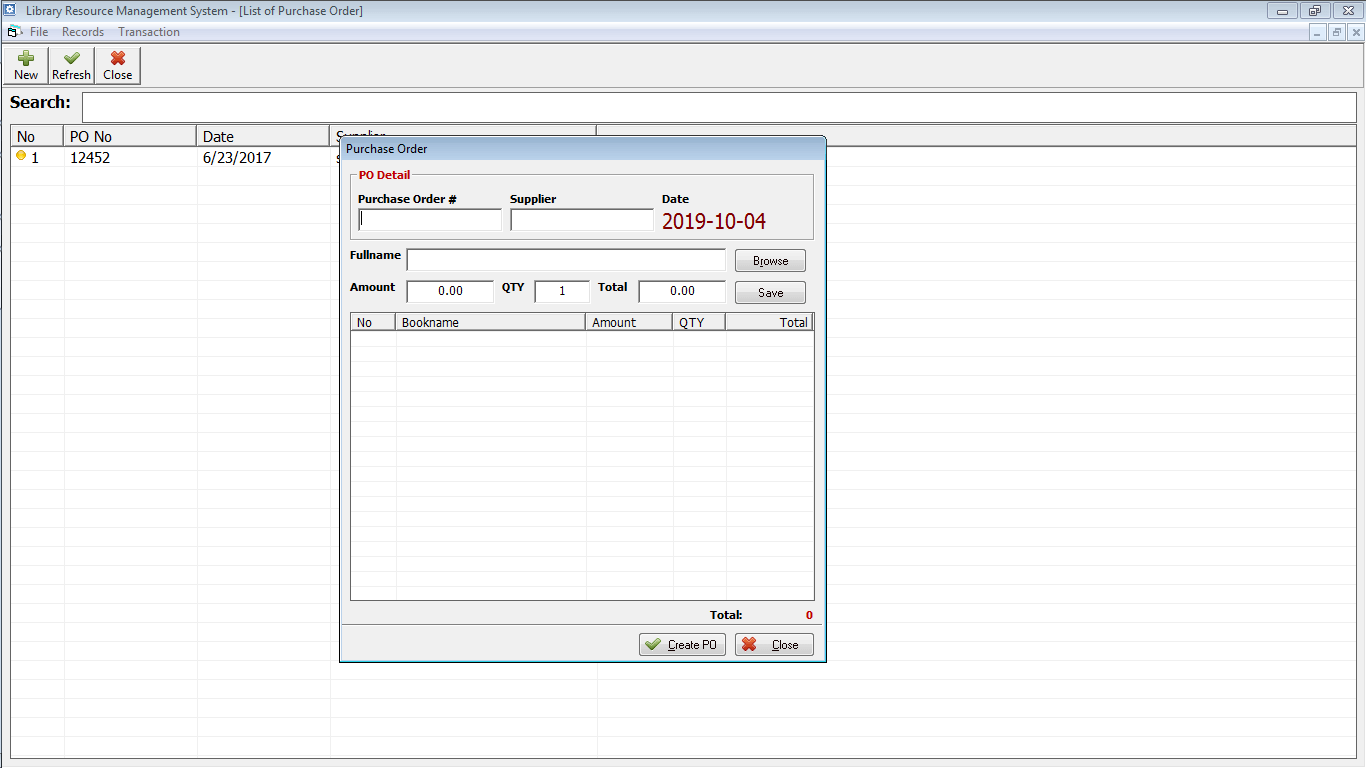 Library Resource Management System Purchase Order Form