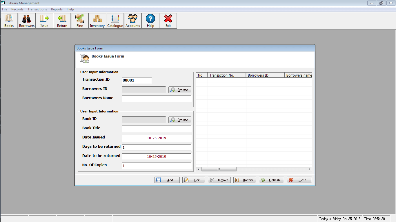 Library Time Monitoring System Book Issue Form