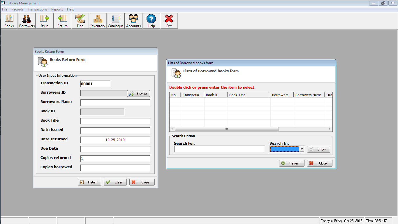 Library Time Monitoring System Book Return Form