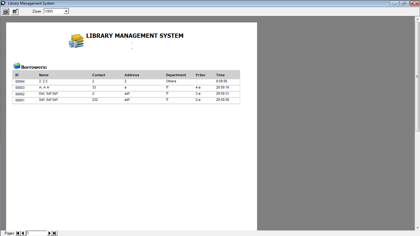 Library Time Monitoring System List of Borrowers Report