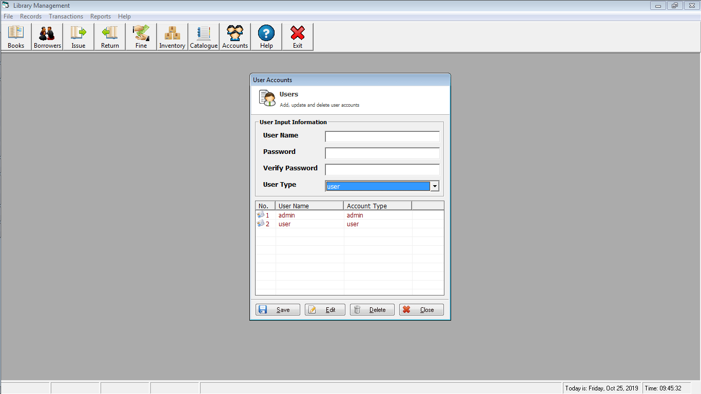 Library Time Monitoring System User Accounts Form