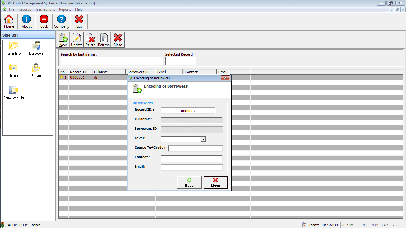 PE Tools System Encoding of Borrowers Module