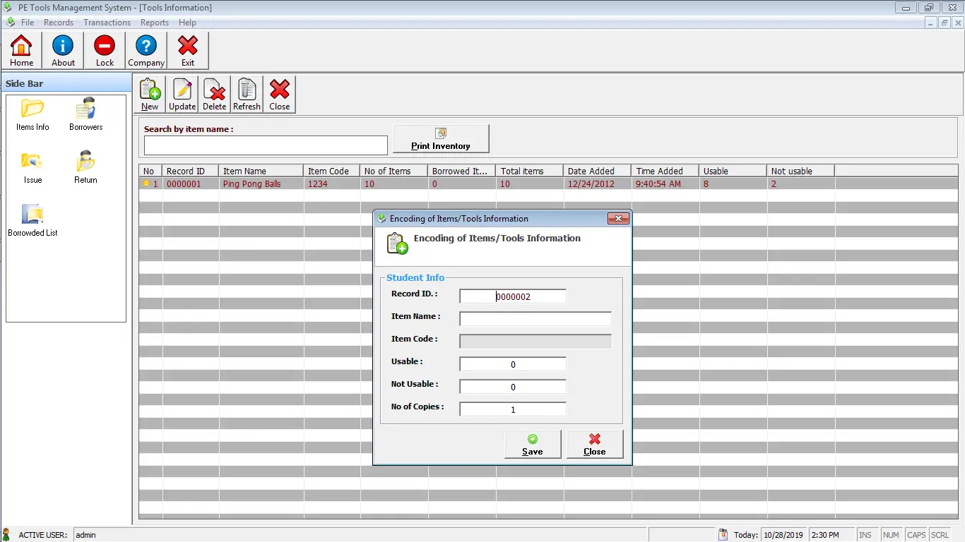 PE Tools System Encoding of Items Module