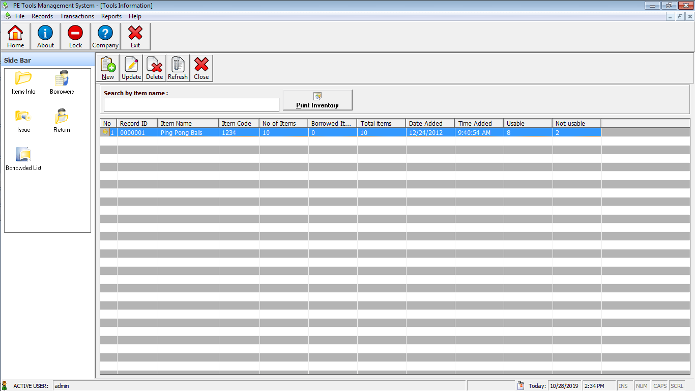 PE Tools System Inventory of Items Module