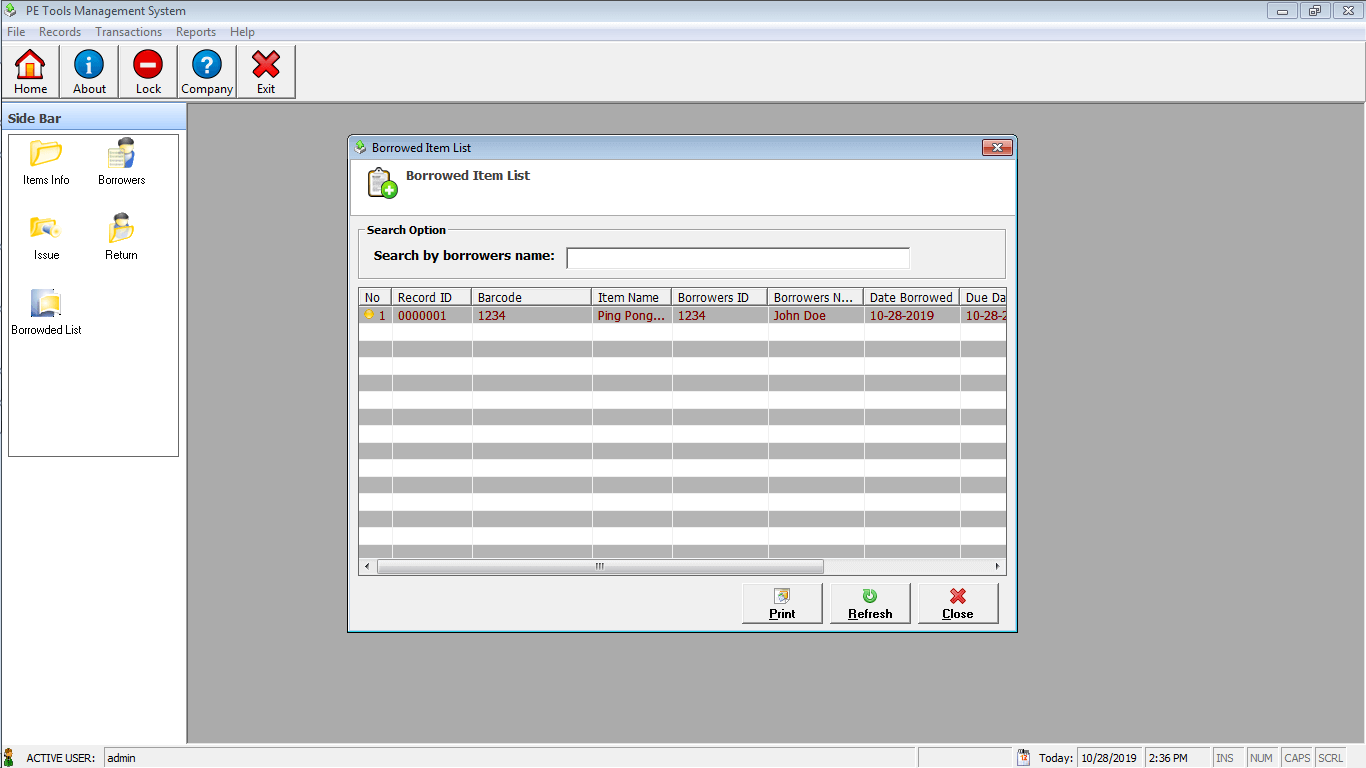 PE Tools System List of Borrowed Items Module