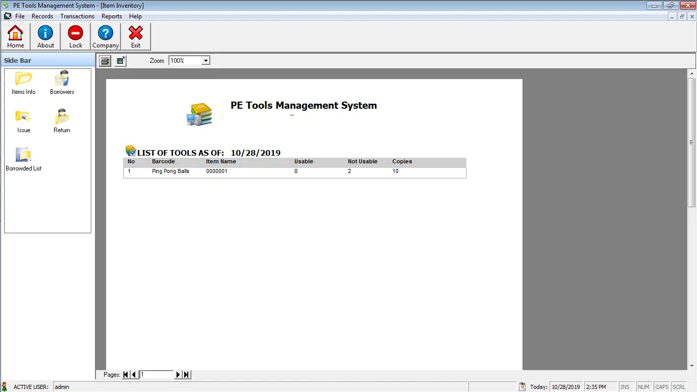 PE Tools System Printable Report of Item Inventory Module