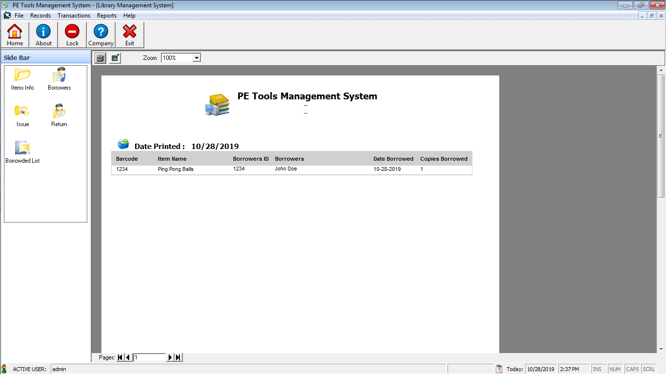 PE Tools System Printable Report on the List of borrowed items