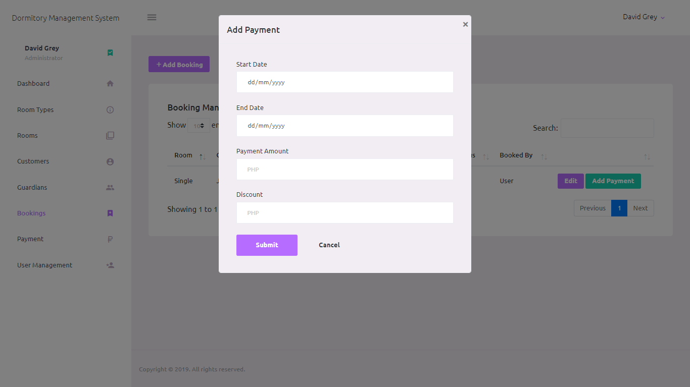 Dormitory Management System Add Payment Management Module