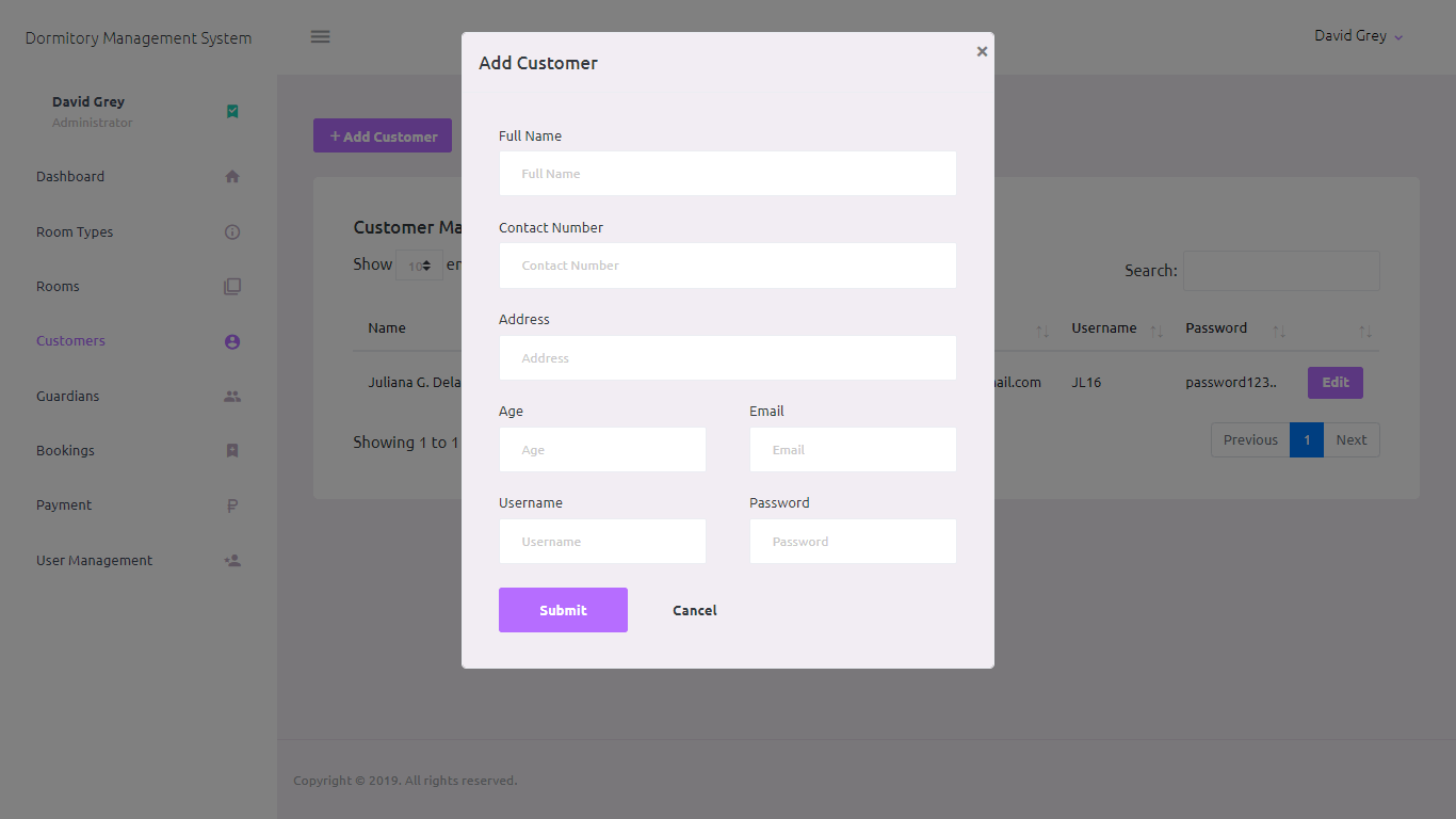 Dormitory Management System Customer Management Module