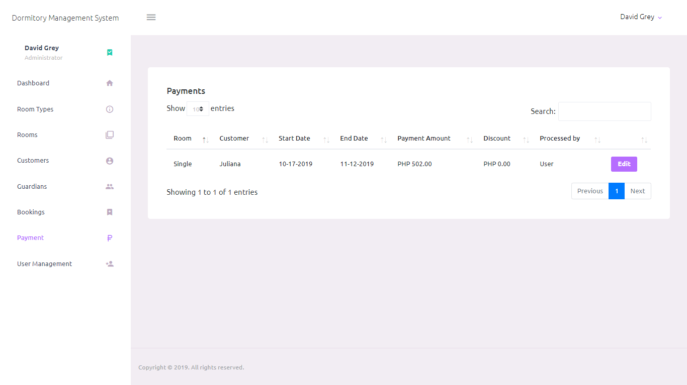 Dormitory Management System Payment Management Module