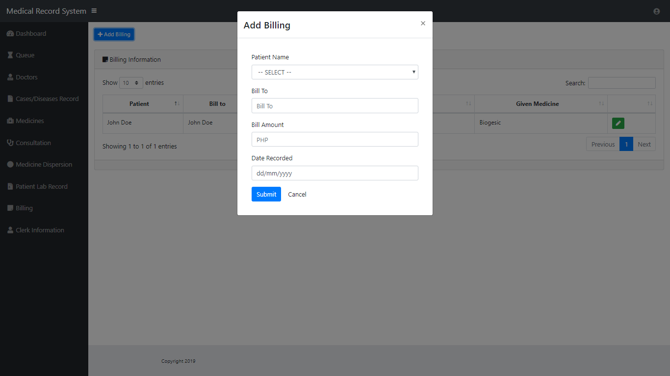 Medical Record System Add Billing Information Module