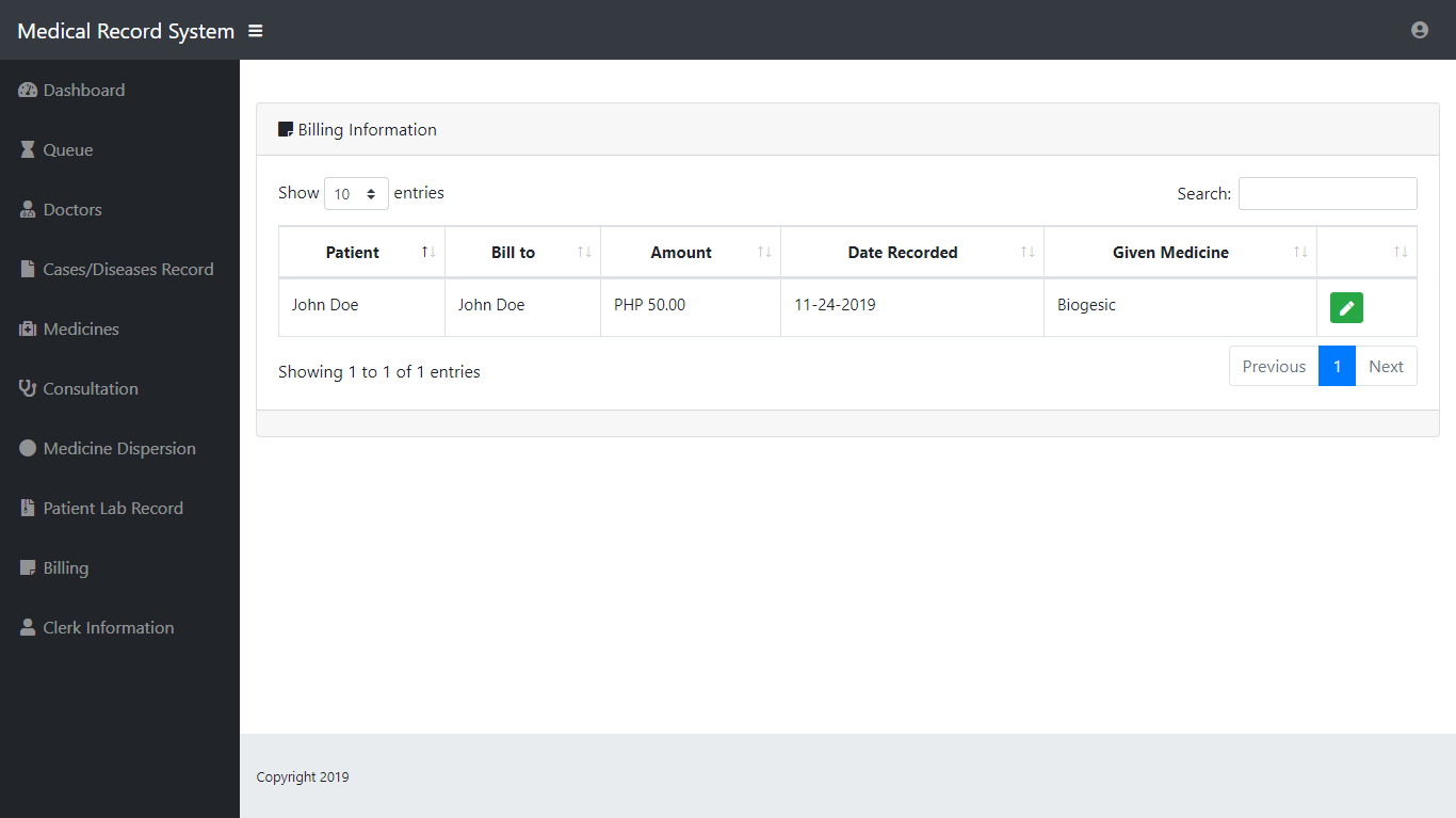 Medical Record System Billing Information Module